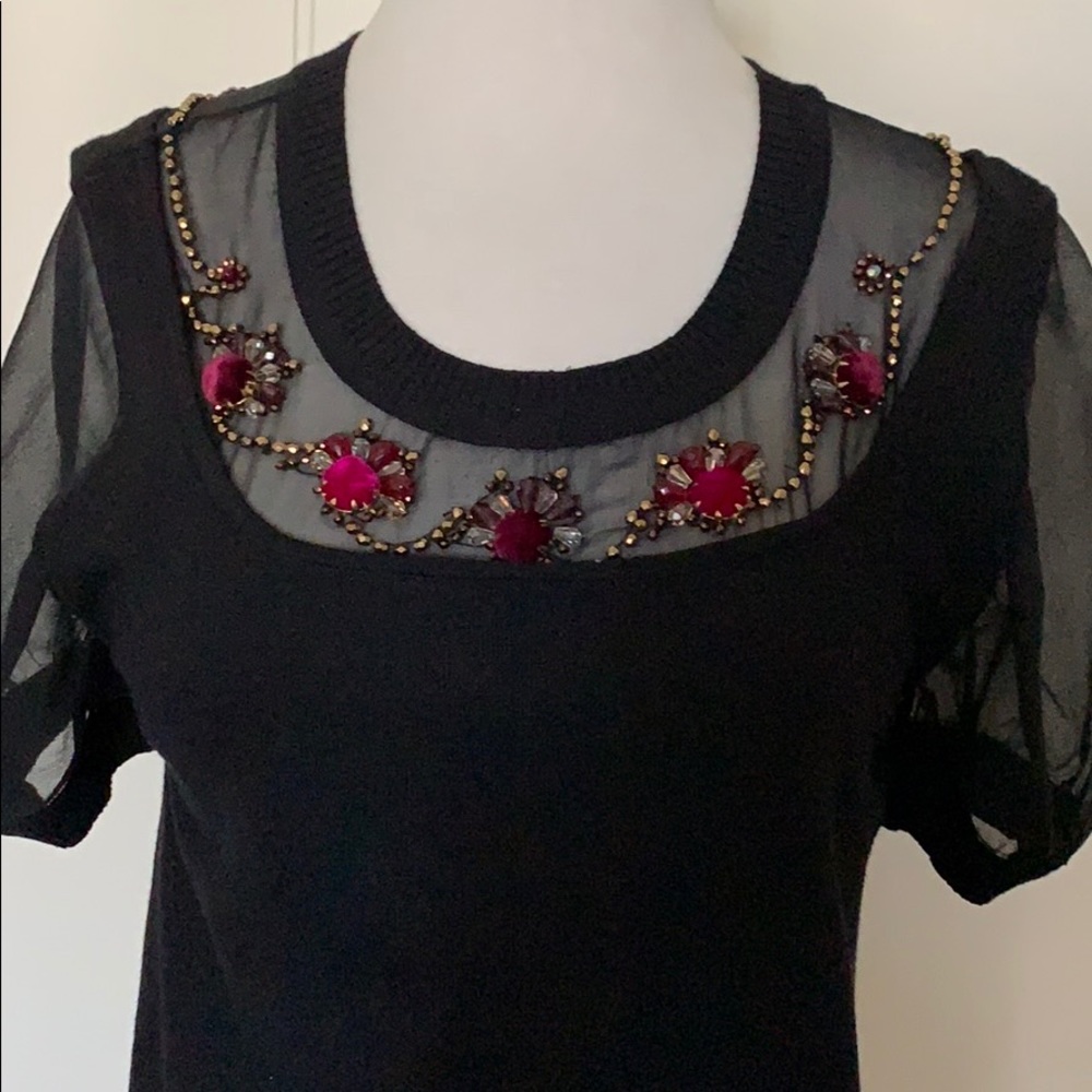 Cynthia Steffe Jeweled Knit Top Blouse Black Chiffon